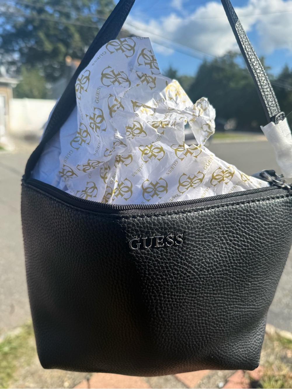 GUESS Black Pebbled Leather Small Shoulder Tote